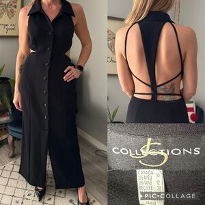 Vintage JS Collection Open back halter-Neck collared Suit dress Maxi Black sz 10